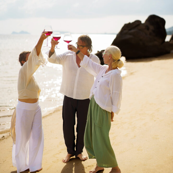 Tres personas celebrando junto al mar en un día cálido y soleado, brindando con copas de vino mientras conectan con la naturaleza, simbolizando gratitud, resiliencia y alegría de vivir Ka, tu guía en bienestar online